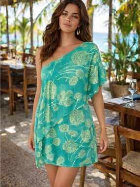 🦄 Rare Trina Turk Olivos Lagoon Green One-Shoulder Silk Blend Sheath Dress